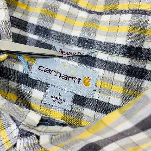 Carhartt Button Shirt Mens Large Check Yellow Black Short Sleeve Cotton Workwear - Picture 2 of 6